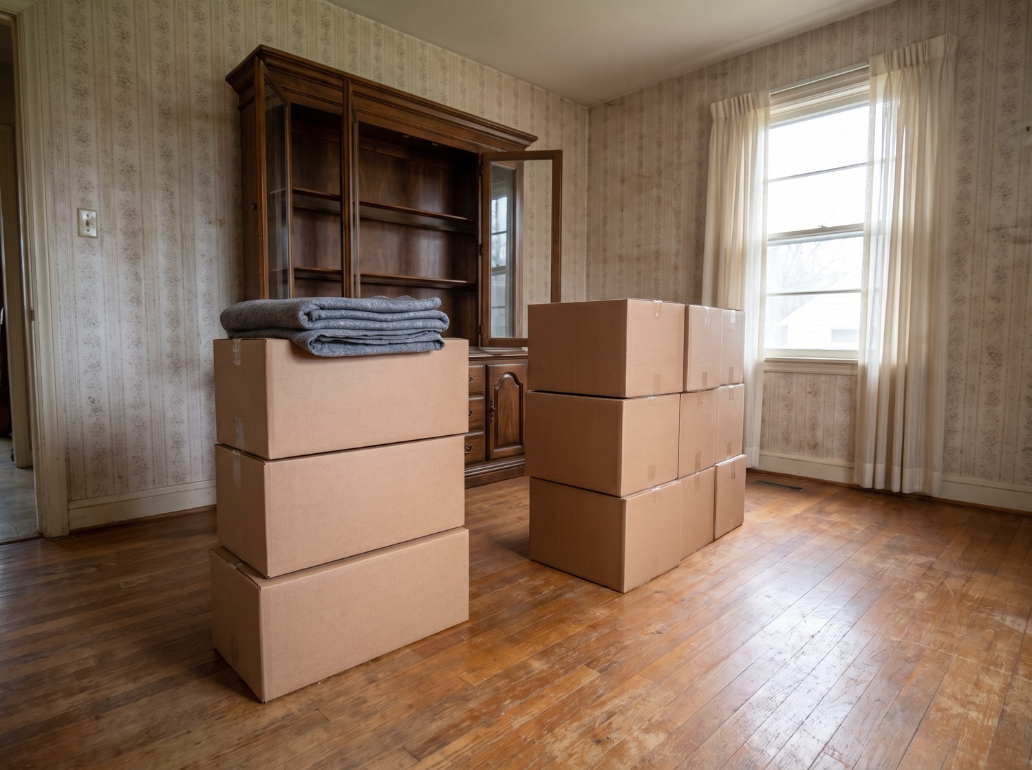 Plain cardboard boxes sorted and stacked in the dining room of an older home during a cleanout